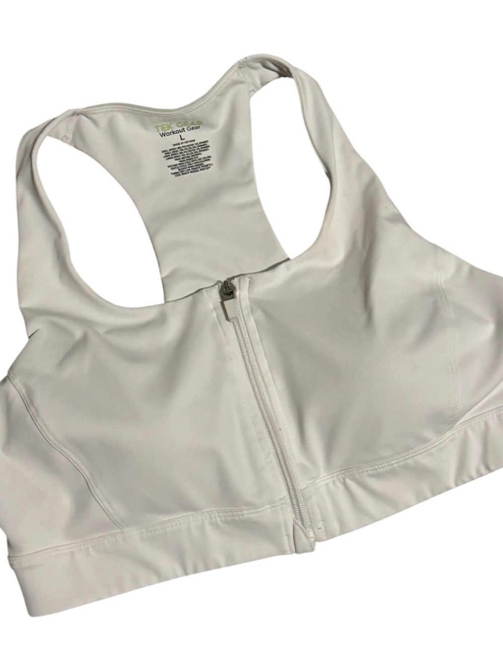 🏃♀️NWOT TEK GEAR Women’s White Zip Front Racerback Gym Fitness Sports Bra | L